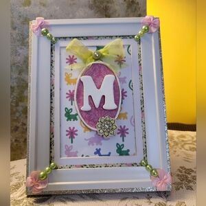 Handcrafted 3D Initials "M" Framed Design wall hang/stand display.